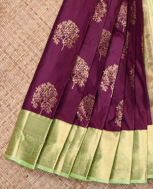 Wine Budget Silk Saree, Delicately Woven with Zari Buttas, Contrast Traditional Zari Border, Grand Pallu, and a Contrast Blouse
