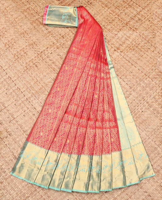 Red Budget Silk Saree, Impeccably Styled with Jacquard, Complemented by Contrast Traditional Zari Border, Grand Pallu, and Contrast Blouse