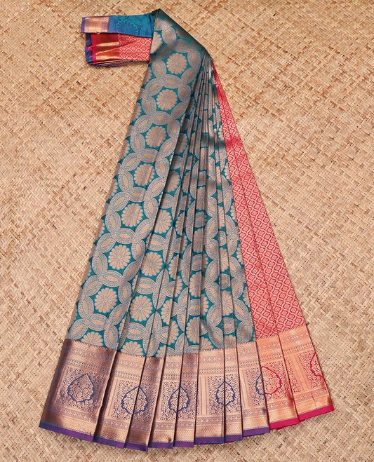 Blue Budget Silk Saree, Adorned with Jacquard Design, Complemented by a Contrast Traditional Zari Design Border, Grand Jaal Pallu, and a Contrast Blouse