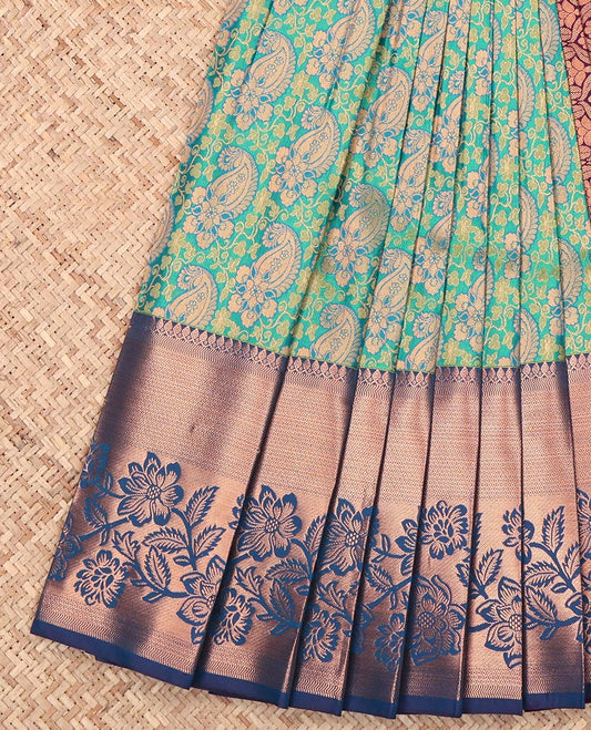 Blue-Green Budget Silk Saree, Delicately Woven with Jacquard Design, Complemented by a Contrast Floral Zari Border, Grand Pallu, and a Contrast Blouse