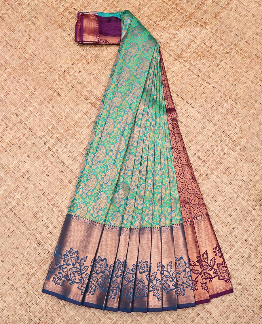 Blue-Green Budget Silk Saree, Delicately Woven with Jacquard Design, Complemented by a Contrast Floral Zari Border, Grand Pallu, and a Contrast Blouse