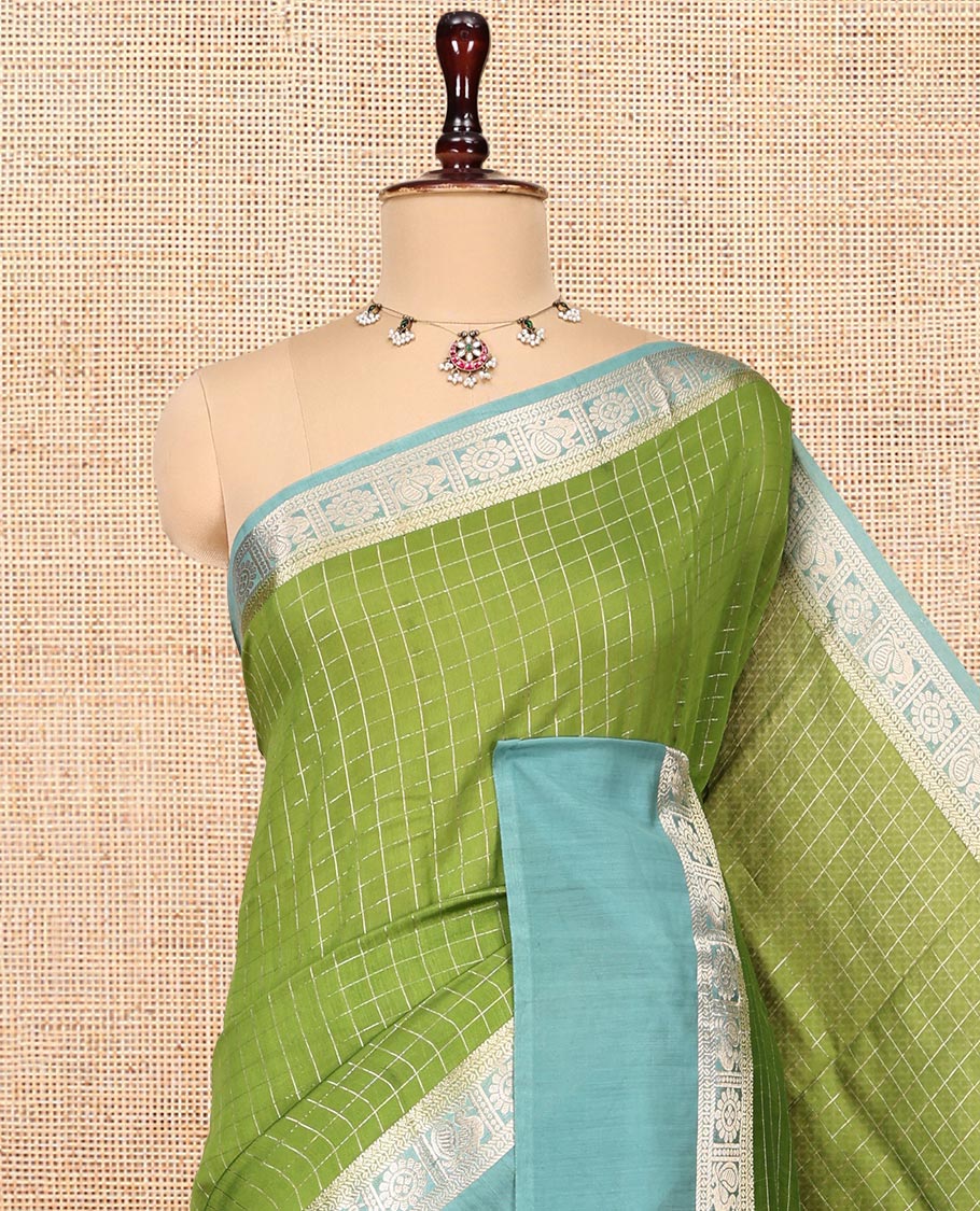 Parrot Green Zari Checked Assam Silk Saree, Complemented by a Contrast Traditional Zari-Woven Border, Zari-Striped Pallu, and a Contrast Blouse