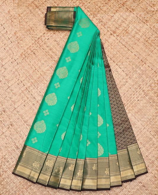Green Budget Silk Saree, Graced with Zari Buttas, Complemented by a Contrast Traditional Zari Border, Jaal Pallu, and a Contrast Blouse