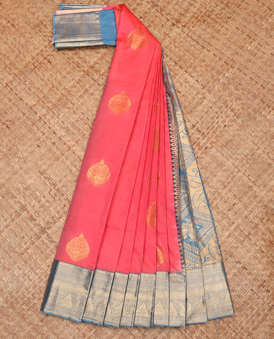Peach Budget Silk Saree, Spotlighted with Zari Buttas, Complemented by a Contrast Traditional Border, Grand Pallu, and a Contrast Blouse
