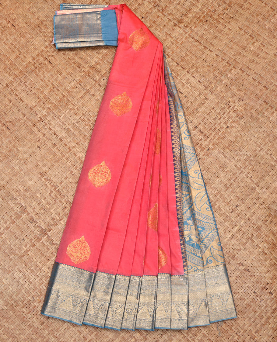 Peach Budget Silk Saree, Spotlighted with Zari Buttas, Complemented by a Contrast Traditional Border, Grand Pallu, and a Contrast Blouse