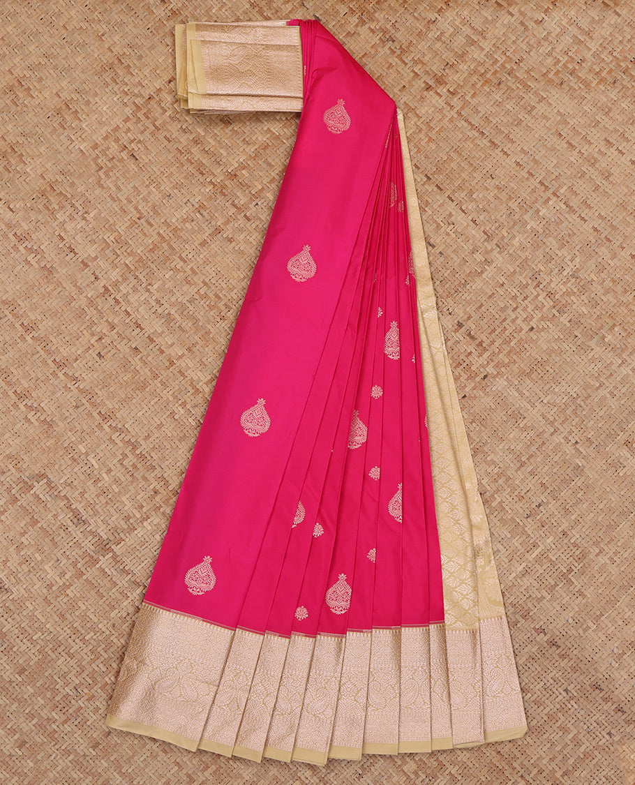 Pink Budget Silk Saree, Bedecked with Zari Buttas, Complemented by a Contrast Traditional Zari Border, Grand Pallu, and a Contrast Blouse