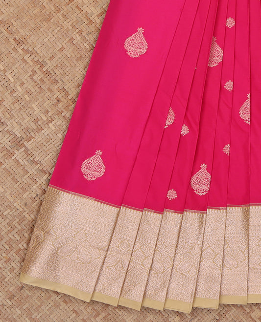 Pink Budget Silk Saree, Bedecked with Zari Buttas, Complemented by a Contrast Traditional Zari Border, Grand Pallu, and a Contrast Blouse