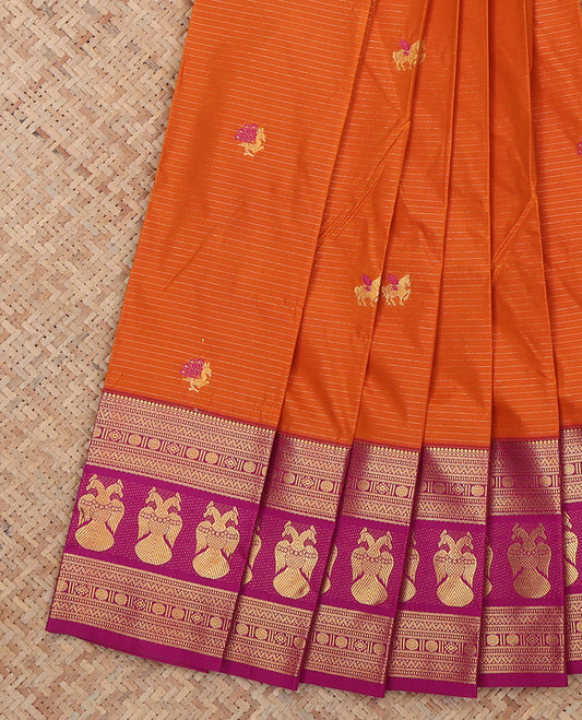 Orange Budget Silk Saree, Spotlighted with Horse Buttas and Stripes, a Contrast Traditional Iruthalai Pakshi Zari Border, a Jaal Pallu and a Contrast Blouse
