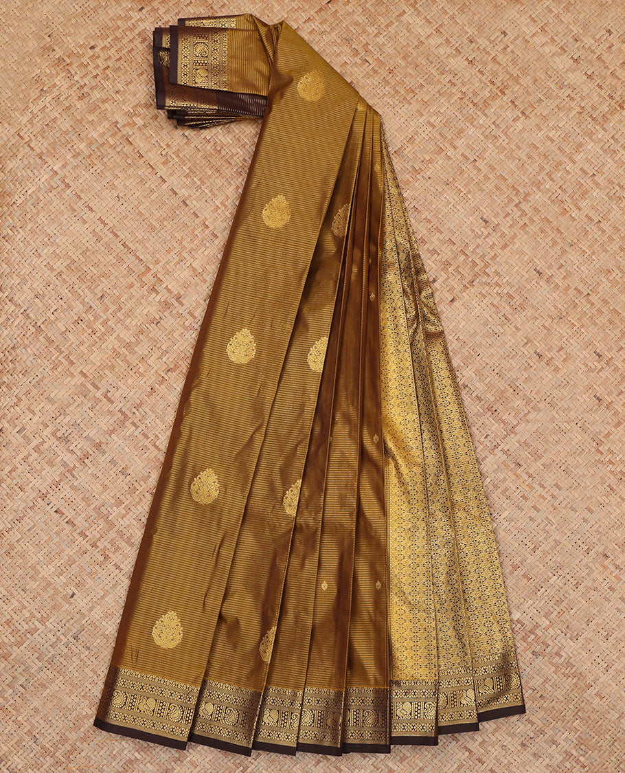 Gold Budget Silk Saree Features Zari Buttas and Stripes, Complemented by Contrast Traditional Zari Border, a Jaal Pallu and a Contrast Blouse