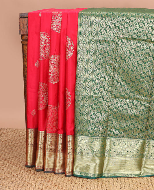 Red round motifs gift saree with contrast traditional zari design border & ogee design pallu