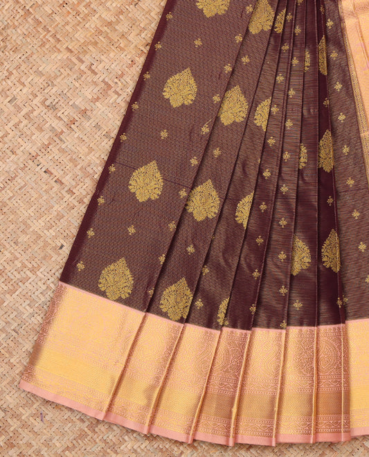 Brown Budget Silk Saree, Beautified with Zari Buttas and Stripes, a Contrast Traditional Zari Border, Grand Pallu, and a Contrast Blouse