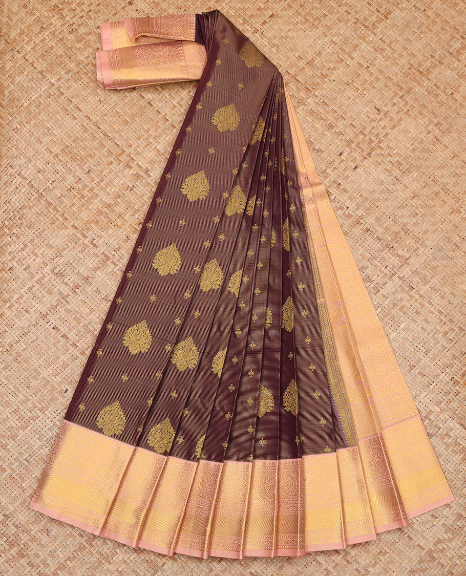 Brown Budget Silk Saree, Beautified with Zari Buttas and Stripes, a Contrast Traditional Zari Border, Grand Pallu, and a Contrast Blouse