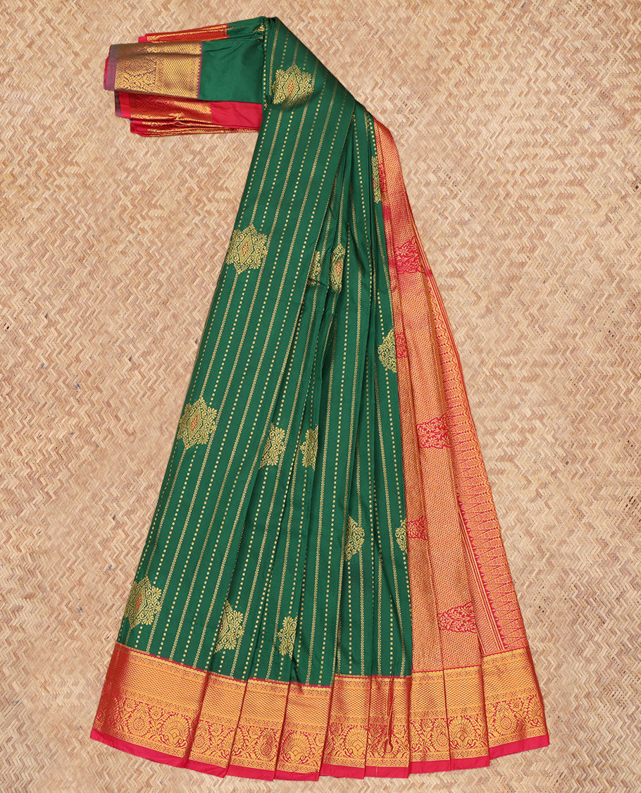 Green Budget Silk Saree, Graced with Zari Buttas and Stripes, a Contrast Traditional Zari Border, Grand Jaal Pallu, and a Contrast Blouse