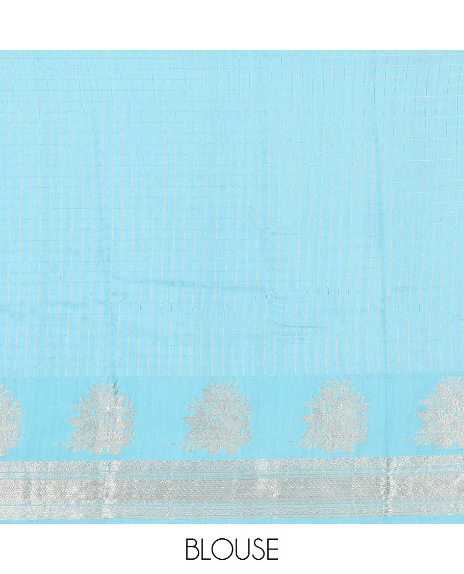 Blue zari checked Assam silk saree, contrast traditional zari border of floral designs, and pallu of zari designs