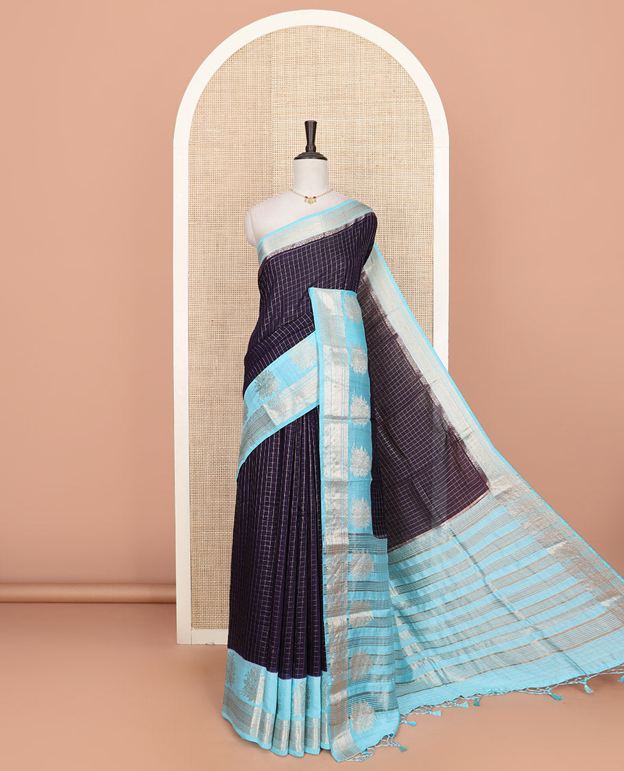 Blue zari checked Assam silk saree, contrast traditional zari border of floral designs, and pallu of zari designs