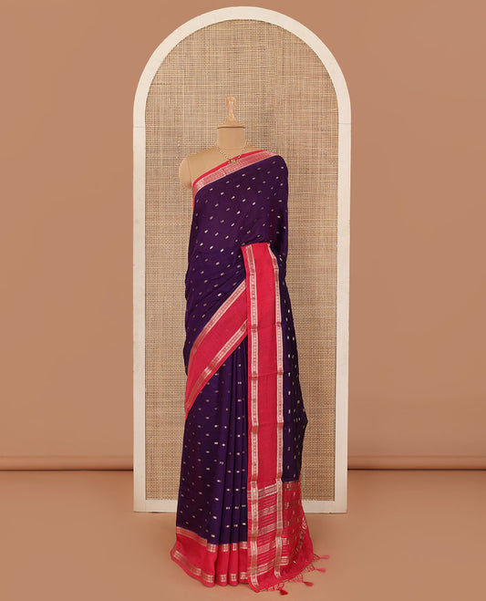 Purple zari buttas Assam cotton saree, contrast traditional zari border, and zari striped pallu