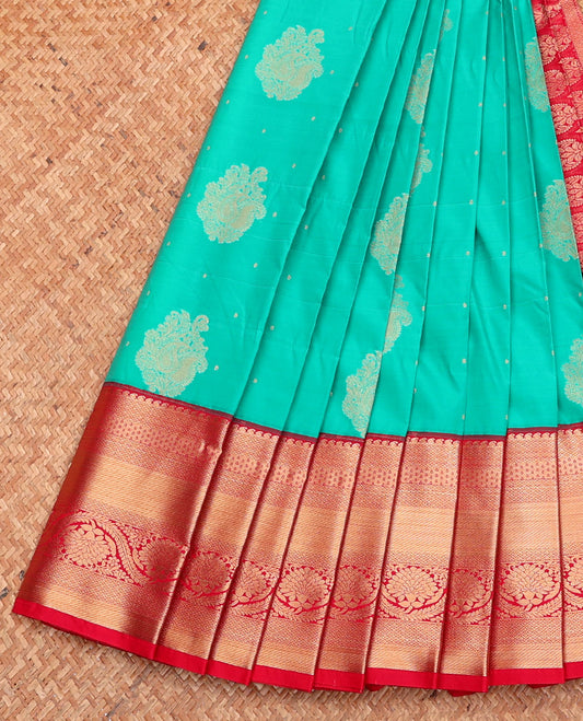 Turquoise Budget Silk Saree, Detailed with Zari Buttas, Complemented by a Contrast Traditional Zari Border, Grand Pallu, and Contrast Blouse