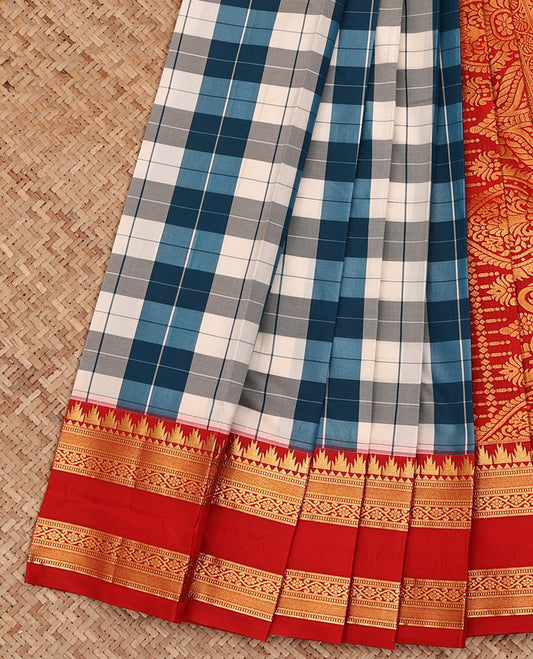 Multi-Color Checked Budget Silk Saree, Accentuated with Contrast Traditional Zari Design Rettai Pettu Temple Red Border, a Grand Mughal-Style Intricately Designed Pallu, and Paired with a Contrast Blouse
