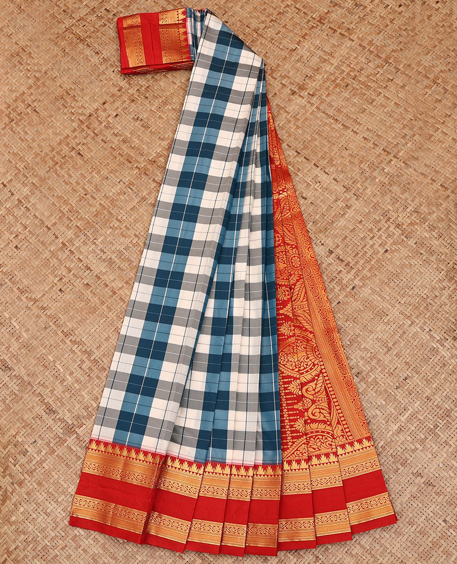 Multi-Color Checked Budget Silk Saree, Accentuated with Contrast Traditional Zari Design Rettai Pettu Temple Red Border, a Grand Mughal-Style Intricately Designed Pallu, and Paired with a Contrast Blouse