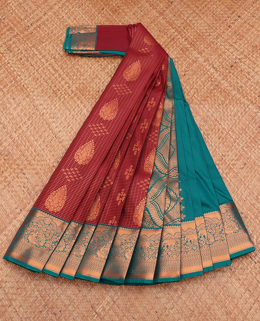 Maroon Budget Silk Saree, Mesmerized with Zari Buttas and Checks, Complemented by a Contrast Traditional Zari Border, Grand Pallu, and a Contrast Blouse