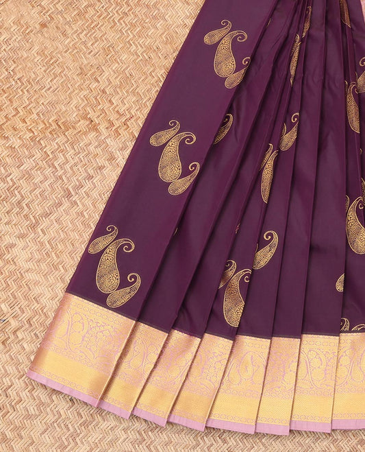 Wine Budget Silk Saree, Crafted with Paisley Zari Buttas, Complemented by Contrast Traditional  Zari Border, a Grand Pallu and a Contrast Blouse