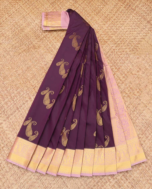 Wine Budget Silk Saree, Crafted with Paisley Zari Buttas, Complemented by Contrast Traditional  Zari Border, a Grand Pallu and a Contrast Blouse
