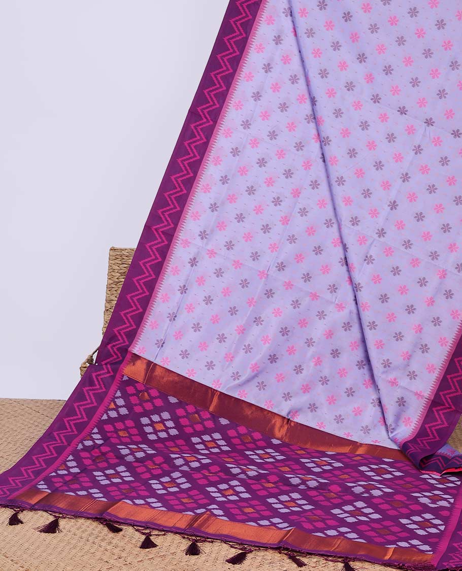 Blue floral motifs butter silk saree with contrast zig zag striped border & geometric motifs pallu