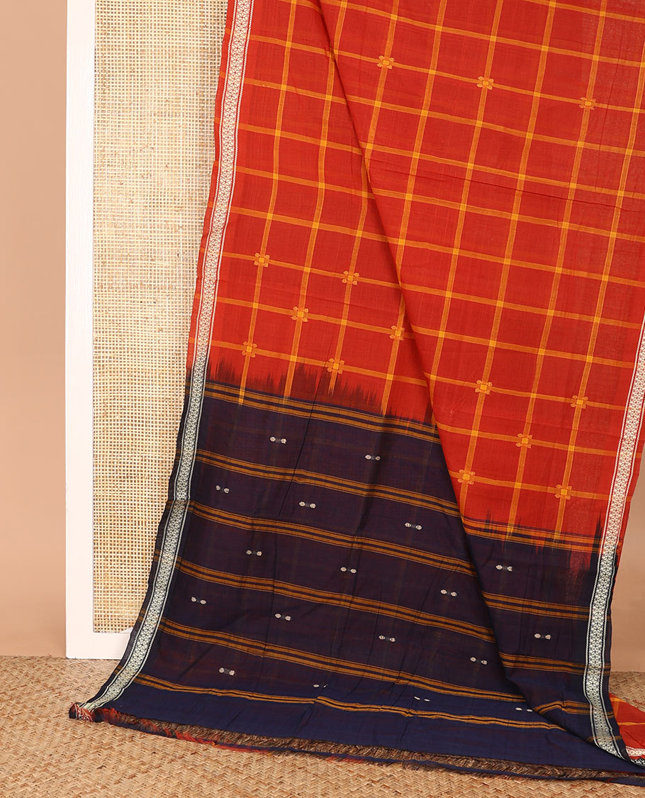 Orange checked Andhra cotton saree, thread woven border, and contrast pallu of stripes and buttas