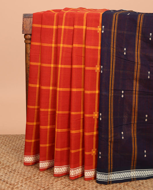 Orange checked Andhra cotton saree, thread woven border, and contrast pallu of stripes and buttas