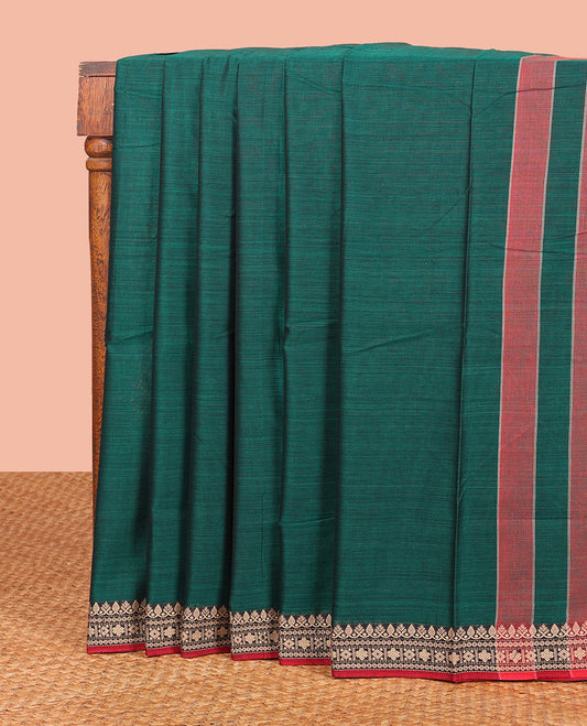 Green Plain Narayanpet Cotton Saree, Complemented by a Contrast Temple Thread Woven Border of Traditional Designs, Vibrantly Striped Pallu, and Paired with a Matching Blouse