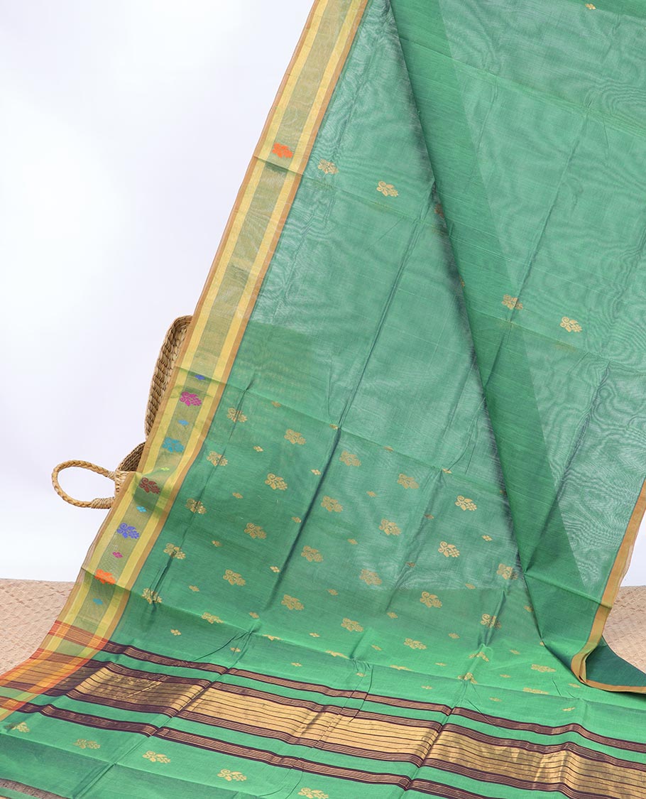 GreenVengatagiri cotton saree with buttas , contrast unique design border & striped pallu