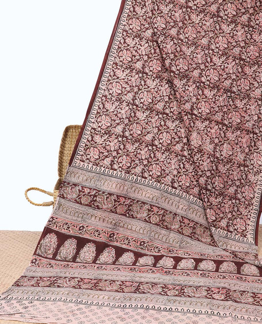 Chocolate brown floral design machine-printed kalamkari cotton saree with contrast floral design border & floral design pallu