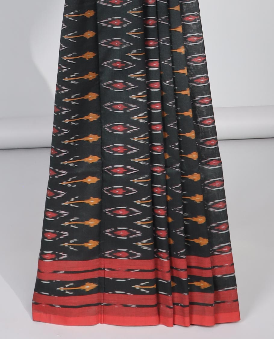 Black floral design ikkat cotton saree with contrast floral border & geometric design pallu