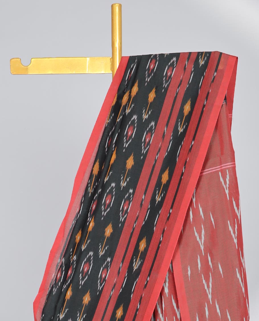 Black floral design ikkat cotton saree with contrast floral border & geometric design pallu