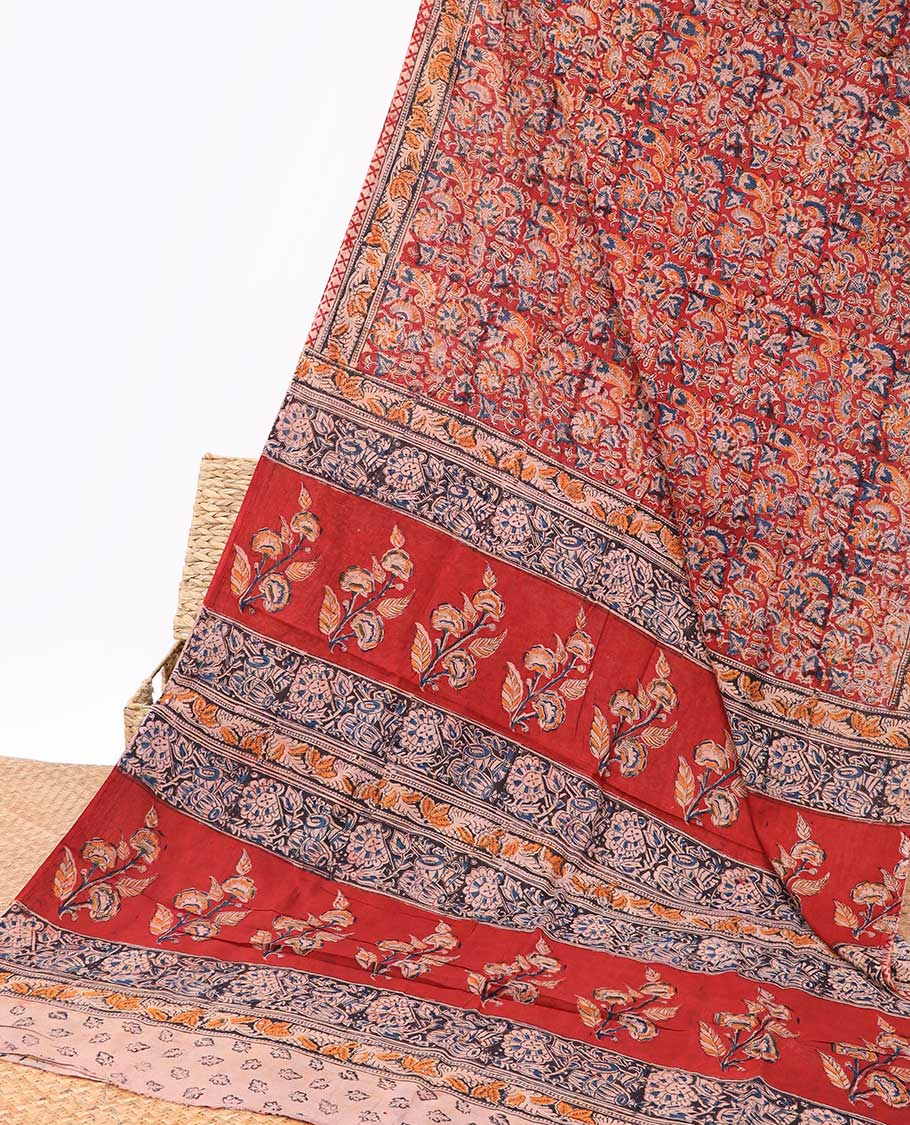 Multi-color floral design machine-printed kalamkari cotton saree with contrast floral border & intricated pallu design