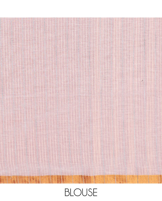 Pink plain jute cotton saree, zari border, and striped pallu