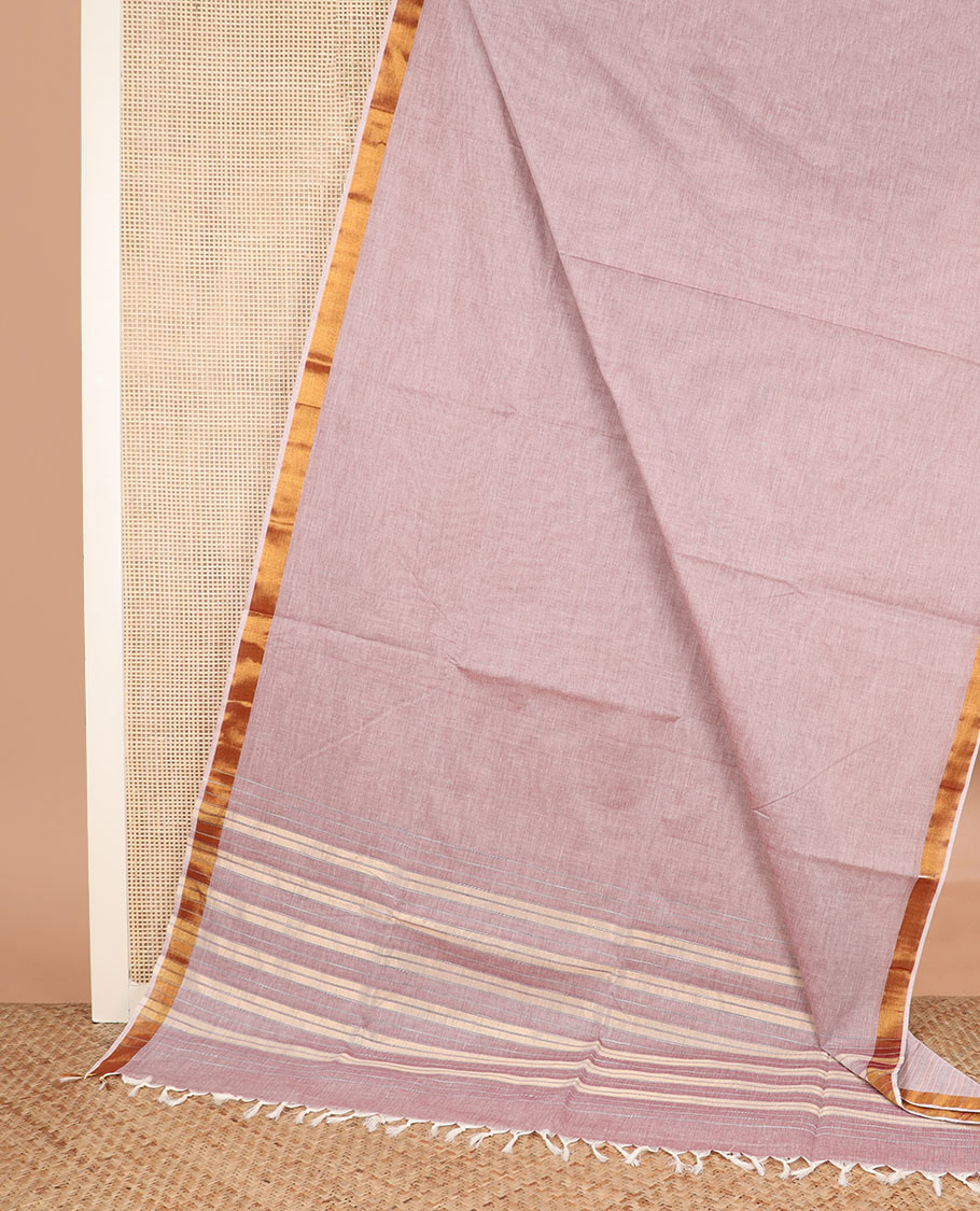 Pink plain jute cotton saree, zari border, and striped pallu