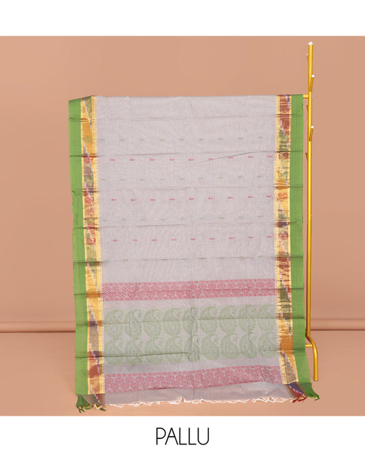 Grey Kanchi Cotton Saree, Decorated with Buttas All Over Its Body, Complemented by a Contrast Ikkat Border, Pallu of Paisley and Circle Designs, and Paired with a Matching Blouse