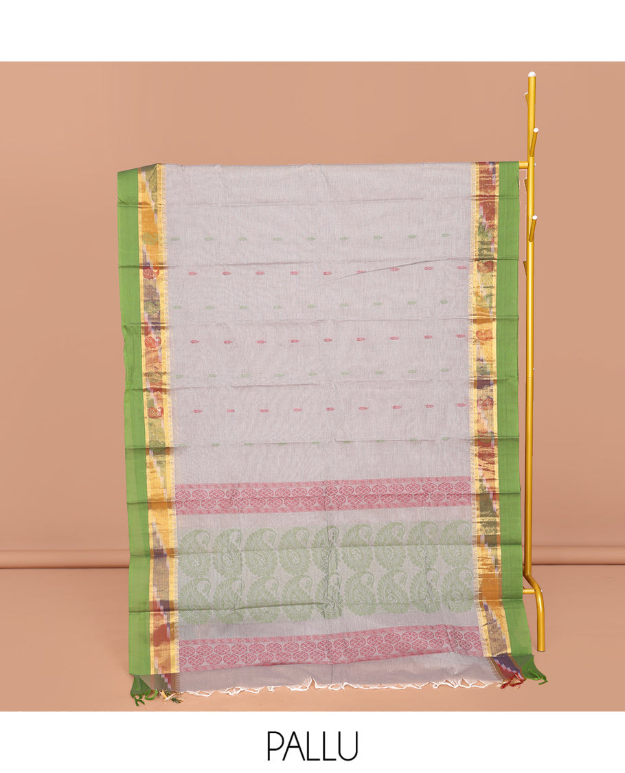 Grey Kanchi Cotton Saree, Decorated with Buttas All Over Its Body, Complemented by a Contrast Ikkat Border, Pallu of Paisley and Circle Designs, and Paired with a Matching Blouse