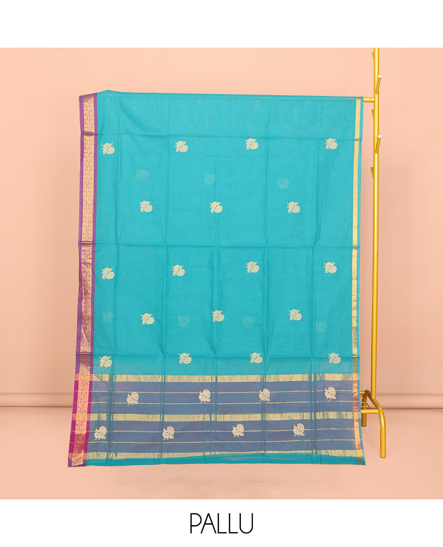 Blue Venkatagiri Cotton Saree, Enriched with Peacock Buttas, a Contrast Zari Border, Pallu of Buttas and Stripes, and No Blouse