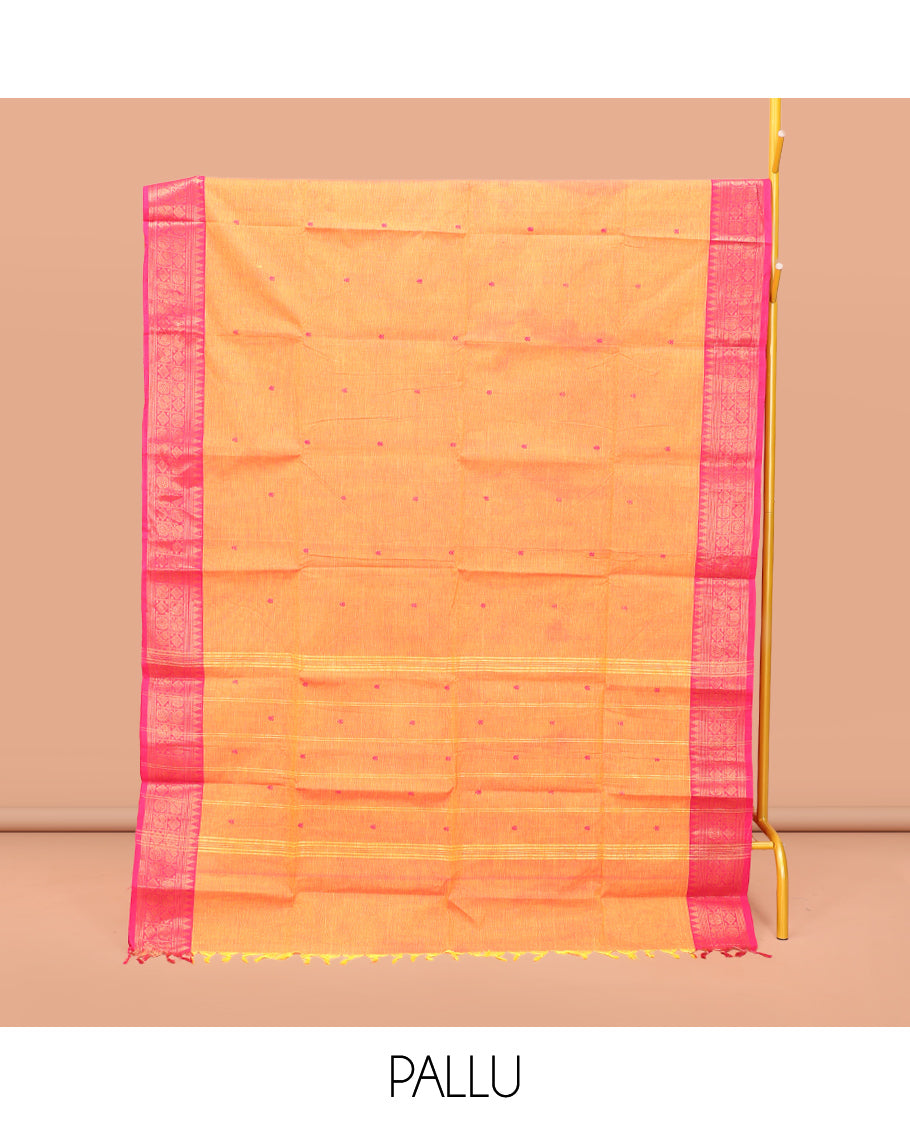 Orange Chettinad Cotton Saree, Adorned with Thread Buttas All Over Its Body, Complemented by a Contrast Traditional Zari Design Border, Pallu of Buttas and Stripes, and Paired with a Matching Blouse
