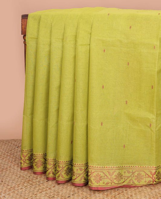 Light green motifs bengal cotton saree with contrast floral design border & striped, motifs pallu