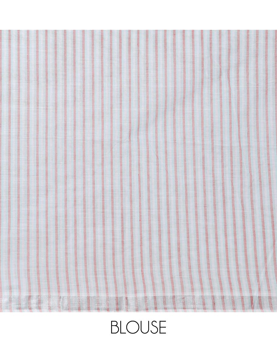 Pastel blue striped jute cotton saree, zari border & striped pallu