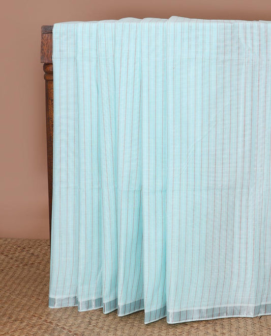 Pastel blue striped jute cotton saree, zari border & striped pallu