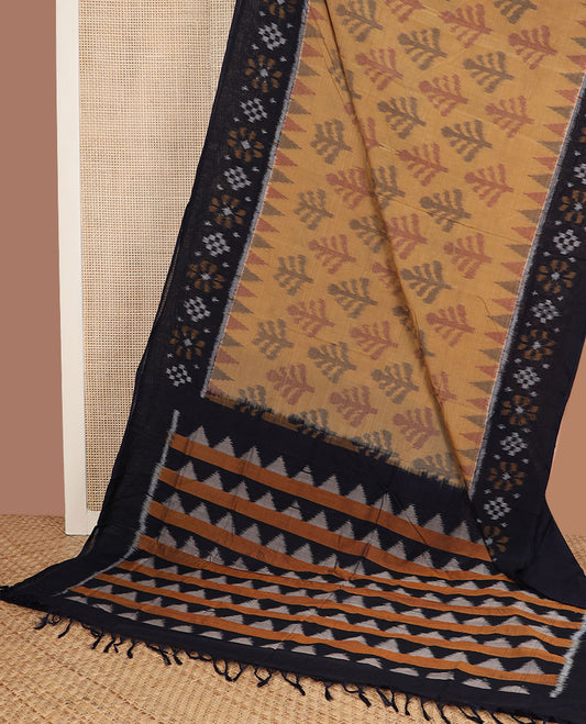 Sandal tree butta pochampally cotton saree, contrast ikkat border & pallu of ikkat triangle designs