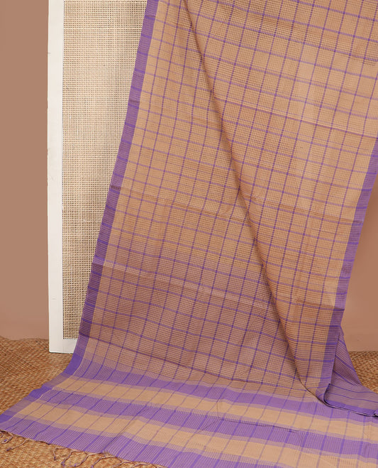 Light brown checked venkatagiri cotton saree with contrast striped border & checked pallu