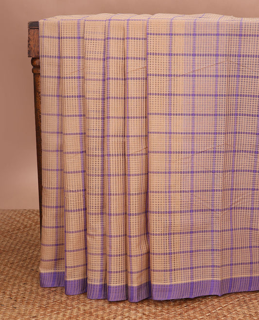 Light brown checked venkatagiri cotton saree with contrast striped border & checked pallu