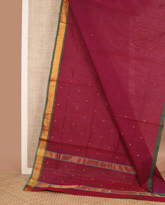 Maroon buttas Venkatagiri cotton saree, contrast meena buttas zari border & pallu of zari stripes