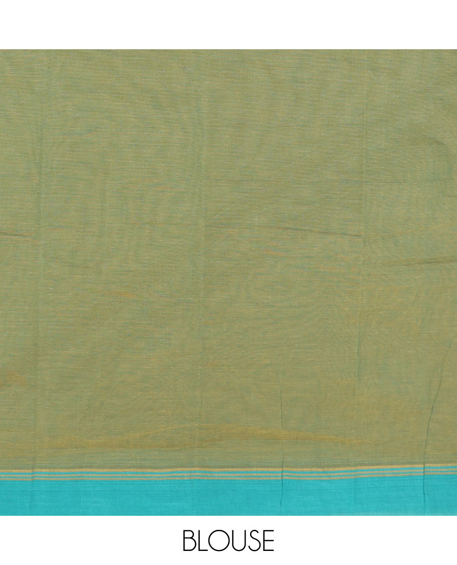 Green tree buttas kanchi cotton saree, contrast plain border, and floral potted pallu