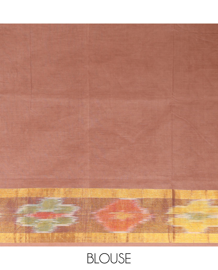 Brown unique motifs printed Andhra cotton saree, ikkat border, and printed pallu